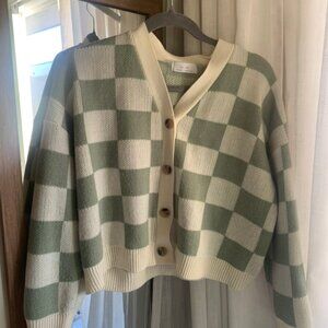 OAK + FORT Green and Cream Checkered Knit Cardigan